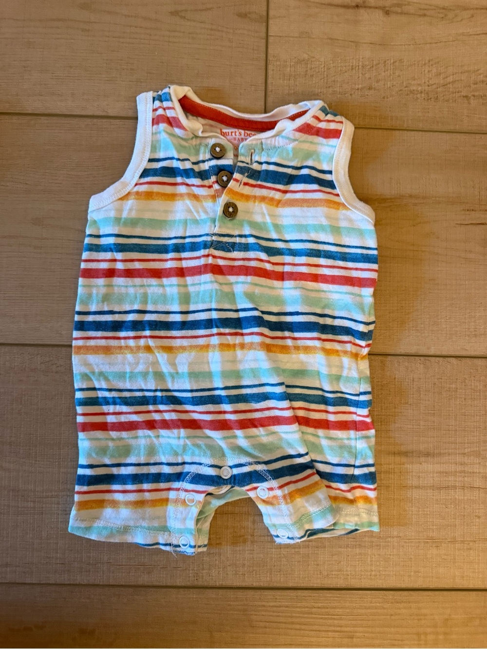 Burt's Bees Baby Cotton Sleeveless Snap Romper Striped Blue Red 0-3 Months